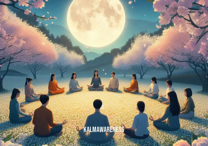 flower moon meditation _ Image: A group of individuals in a circle, surrounded by blooming flowers under the full Flower Moon. Image description: They are in a guided meditation session, finding peace and serenity amidst nature.