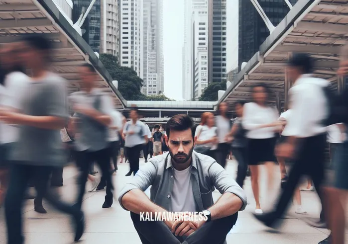 guy meditating _ Image: A bustling city park with people rushing about, a man sits amidst the chaos, looking stressed and overwhelmed.Image description: In the midst of a bustling city park, a man in casual attire sits cross-legged on the ground. His brows are furrowed, and he appears stressed and overwhelmed by the noise and activity around him.