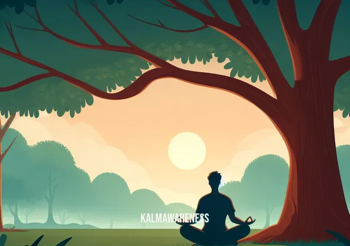 meditacija _ Image: A person sitting cross-legged in a serene park, eyes closed, meditating under a tree. Image description: Finding solace in nature, a person begins their meditation journey, seeking inner peace.