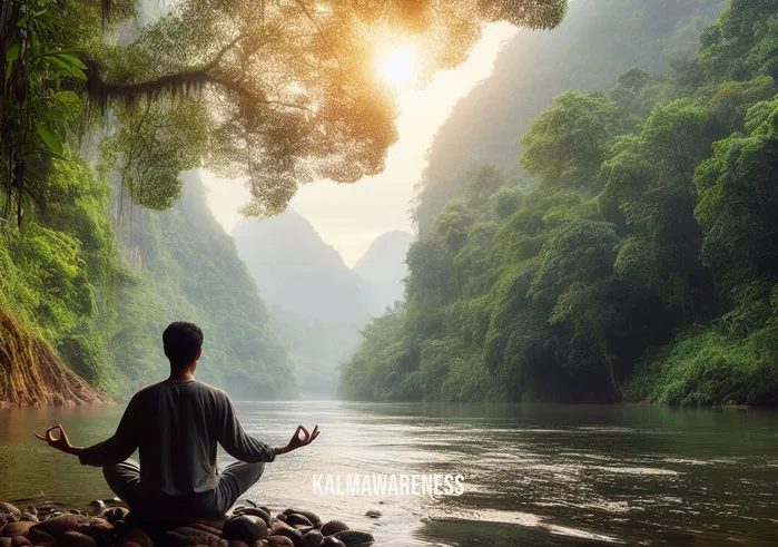 meditacija _ Image: The same person now meditating by a calm river, surrounded by lush greenery. Image description: Progressing in meditation, the individual achieves a sense of calm and tranquility.