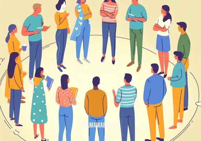 walking meditation script _ Image: A group of diverse individuals standing in a circle, engrossed in deep conversation.Image description: A diverse group of people standing in a circle, engaged in mindful conversation.