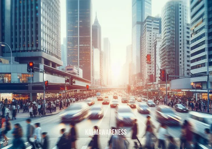 wind down meditation _ Image: A bustling cityscape with people rushing, cars honking, and a crowded sidewalk.Image description: The city streets are filled with the chaos of urban life, with people in a hurry, and the noise of traffic and daily stress.