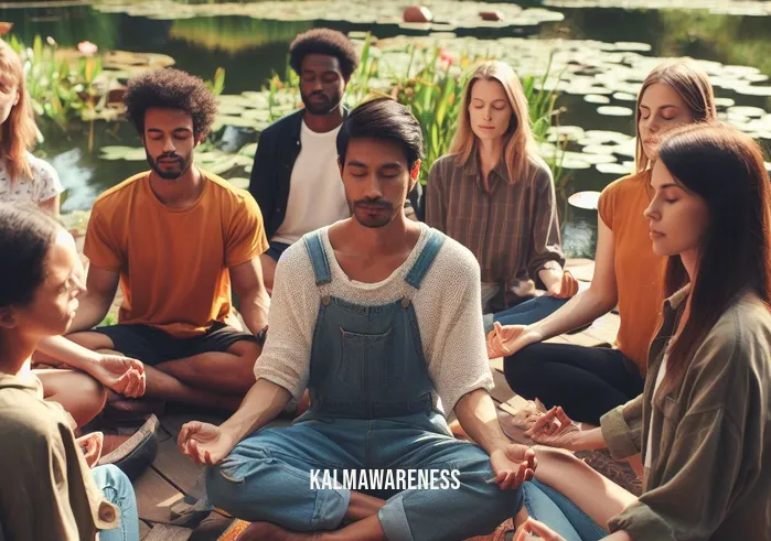wind down meditation _ Image: A group of diverse individuals sitting in a circle by the pond, eyes closed, practicing meditation.Image description: Seeking inner peace, a diverse group gathers by the pond, their eyes closed in meditation, finding solace together.