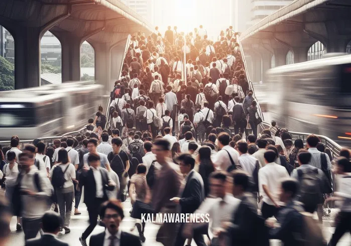 12 minute meditation _ Image: A bustling city street during rush hour, people hurrying by with stressed expressions.Image description: Commuters jostling each other, engulfed in the chaos of daily life.