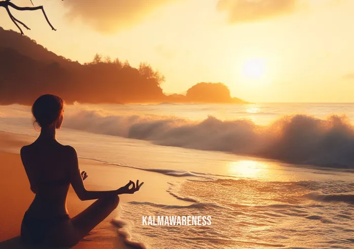 12 minute meditation _ Image: A serene beach at sunset, waves gently caressing the shore.Image description: The woman now meditates by the tranquil ocean, finding serenity in the sound of waves.