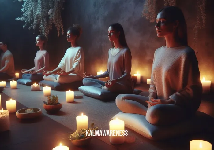 after work meditation _ Image: A serene, dimly lit room adorned with candles and soft, calming colors. Image description: A few individuals seated on plush cushions, eyes closed, practicing deep breathing.