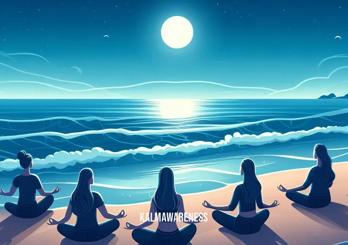 after work meditation _ Image: A tranquil beach, waves gently lapping at the shore under the moonlight. Image description: Individuals sitting cross-legged on the sand, meditating with serene expressions as they listen to the soothing sound of the ocean.