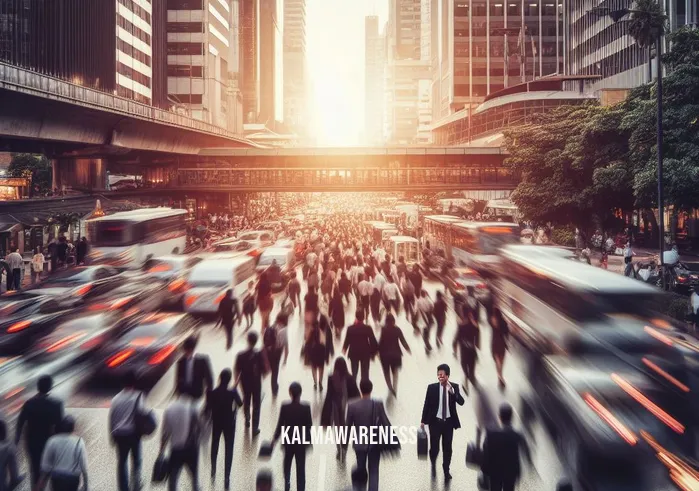 meditation coalition _ Image: A bustling city street during rush hour, filled with people in a hurry. Image description: People in business attire, stressed and rushing amidst traffic and noise.