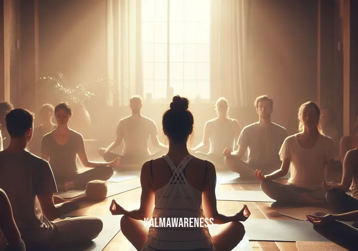 meditation coalition _ Image: A yoga studio with soft lighting, people sitting on mats in a circle, eyes closed. Image description: Participants in a guided meditation session, finding inner calm and tranquility.