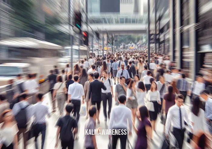 12 minutes mindfulness achievements _ Image: A busy city street during rush hour, people hurrying in all directions. Image description: A chaotic urban scene with people looking stressed and hurried.
