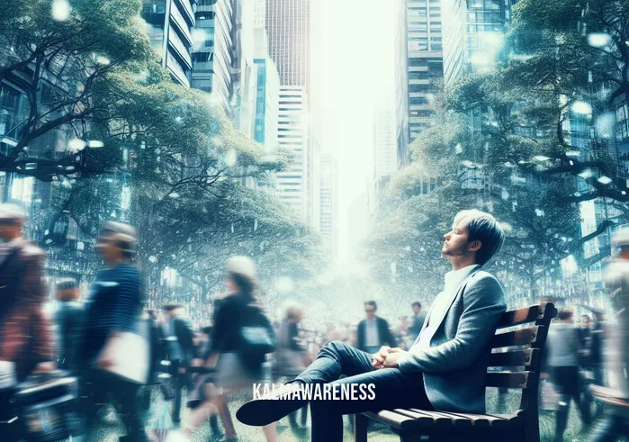 12 minutes mindfulness achievements _ Image: A person sitting on a park bench with their eyes closed, surrounded by bustling city life. Image description: Amid the urban chaos, someone finds a moment of serenity in a park.