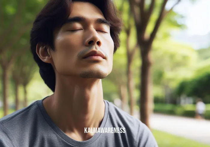 12 minutes mindfulness achievements _ Image: The same person in the park, now practicing deep breathing, their tension visibly easing. Image description: The individual starts to relax, focusing on mindful breathing.