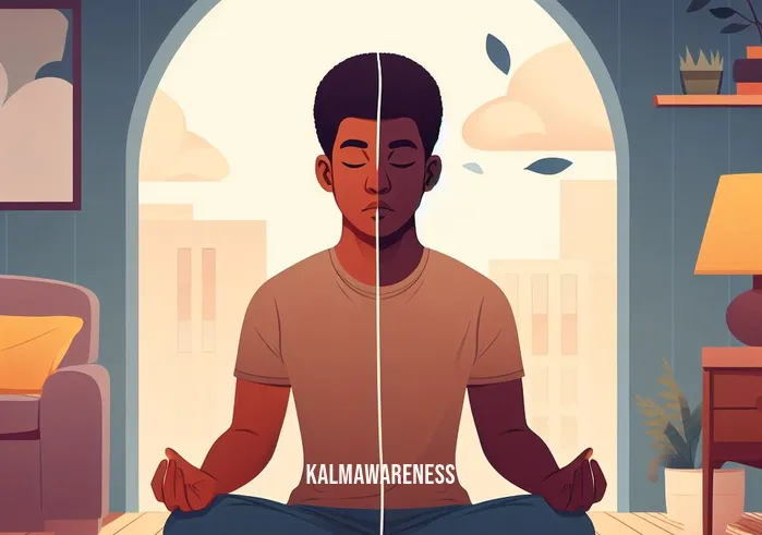 12 minutes mindfulness achievements _ Image: The person practicing mindfulness in a quiet room at home, with a calm expression. Image description: Transitioning from a bustling street to a peaceful home, the person is fully engaged in mindfulness.