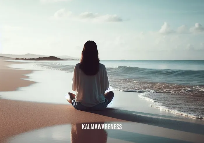 15 minute body scan meditation _ Image: The same person now sitting cross-legged on a quiet, serene beach, with waves gently lapping at the shore and a clear blue sky above.Image description: The person finds solace on a tranquil beach, experiencing a moment of respite and escape from daily chaos.
