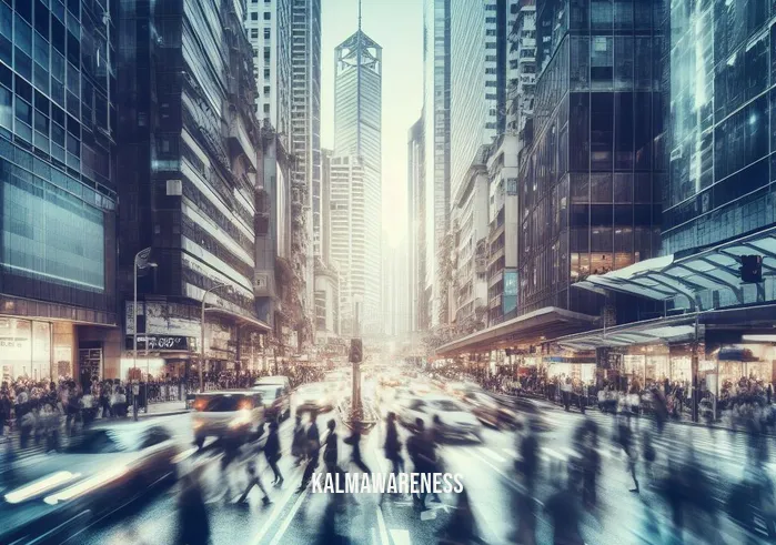 40 minute guided meditation _ Image: A bustling cityscape with people rushing by, surrounded by noise and chaos.Image description: A crowded city street during rush hour, with people walking quickly, cars honking, and tall buildings towering overhead.
