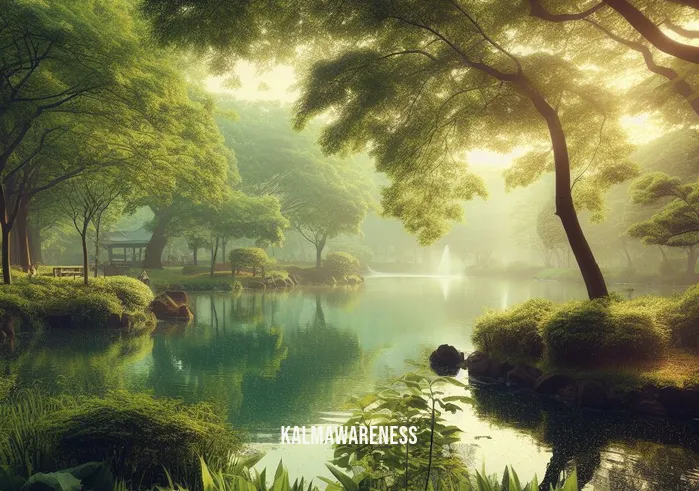 40 minute guided meditation _ Image: A tranquil park with a serene pond, surrounded by lush greenery and a gentle breeze.Image description: A peaceful park scene with a serene pond, trees, and a gentle breeze rustling the leaves.
