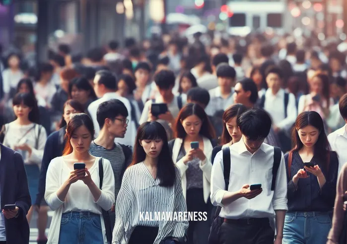 attention revolution _ Image 1: Image description: A crowded city street during rush hour, people hurrying in different directions, absorbed in their smartphones, oblivious to their surroundings.