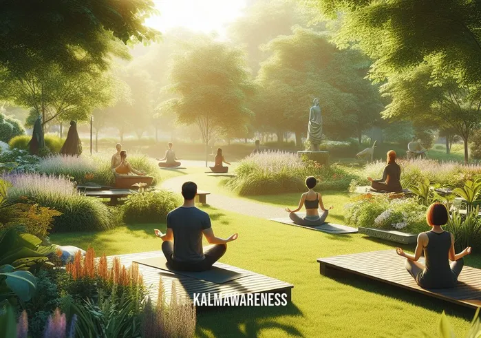 attention revolution _ Image 3: Image description: A tranquil park scene with people sitting on benches, engaging in mindful activities like meditation and yoga, surrounded by lush greenery.