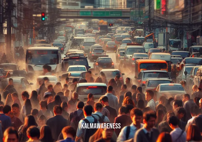 documentary on meditation _ Image: A crowded, noisy city street during rush hour. Image description: People hurrying, horns blaring, stress evident in their faces.