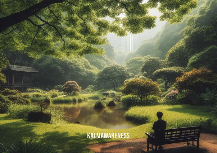 documentary on meditation _ Image: A serene park with a small pond and lush greenery. Image description: A lone person sitting cross-legged on a bench, attempting to find calm amidst chaos.