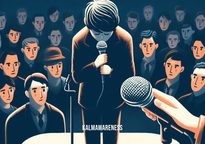 drawing attention to yourself _ Image: The same person has now mustered the courage to step onto a small stage, holding a microphone, with all eyes in the room turning towards them.Image description: In a bold move, the once unnoticed individual has taken center stage, gripping a microphone, their voice poised to capture the undivided attention of the room.