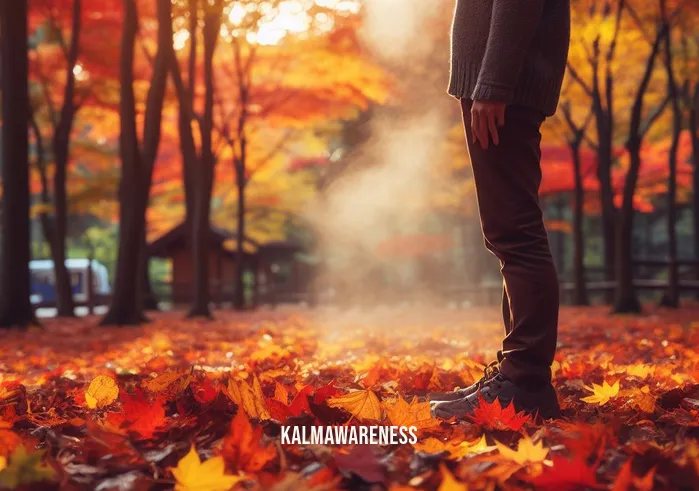 fall is season mindfulness _ Image: A person takes a deep breath amidst fallen leaves in a park. Image description: A serene moment of mindfulness as someone stands among colorful autumn leaves.