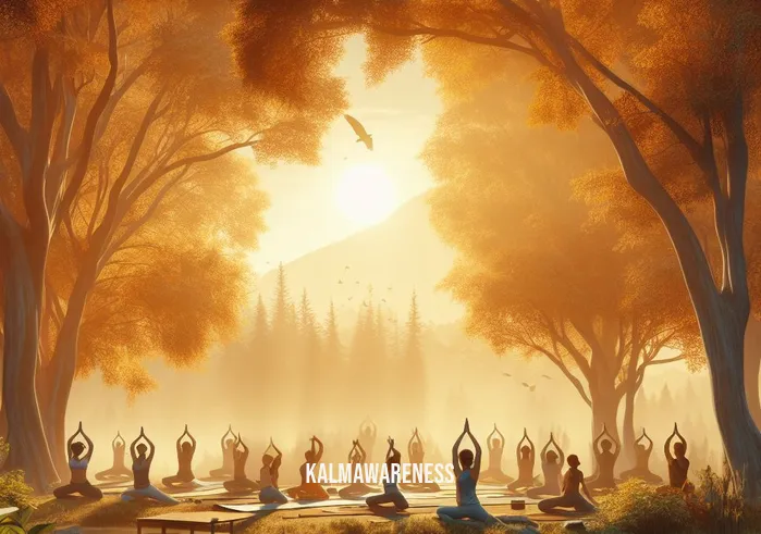 fall is season mindfulness _ Image: A group practices yoga under the golden trees by a tranquil lake. Image description: A community coming together for a peaceful yoga session surrounded by nature