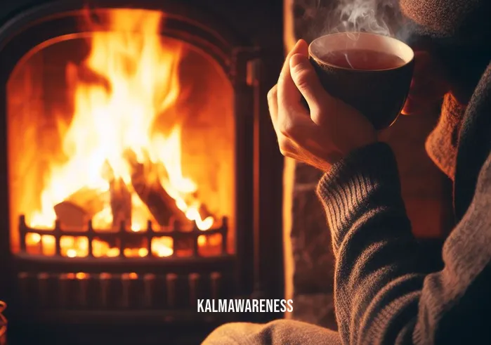 fall is season mindfulness _ Image: An individual enjoys a warm cup of tea by a cozy fireplace. Image description: A person finds solace indoors, sipping tea while flames flicker in the hearth.