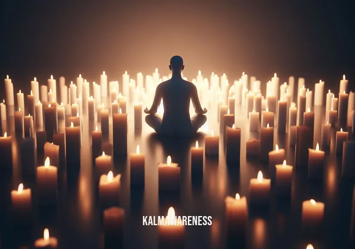 flower and candle breathing _ Image: A person sits cross-legged in the middle of the room, surrounded by unlit candles. Image description: A lone individual is seen seated amidst the candles, deep in contemplation.