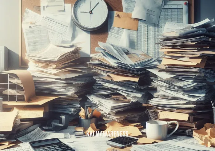 full catastrophe living summary _ Image: A chaotic desk covered in paperwork, bills, and an overflowing inbox. Image description: A cluttered workspace symbolizing stress and overwhelm.