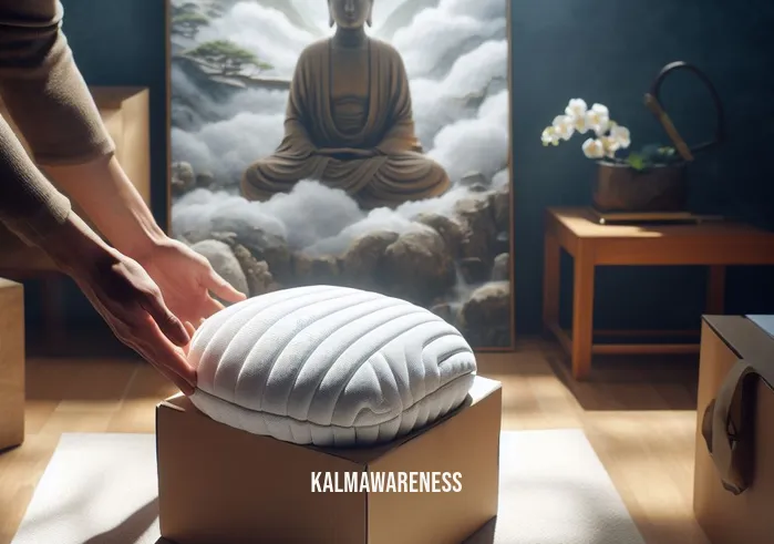 gomden cushion _ Image: Unpacking a Gomden cushion with a serene meditation room in the background. Image description: Unwrapping a brand new Gomden cushion, creating anticipation for a more comfortable meditation experience.