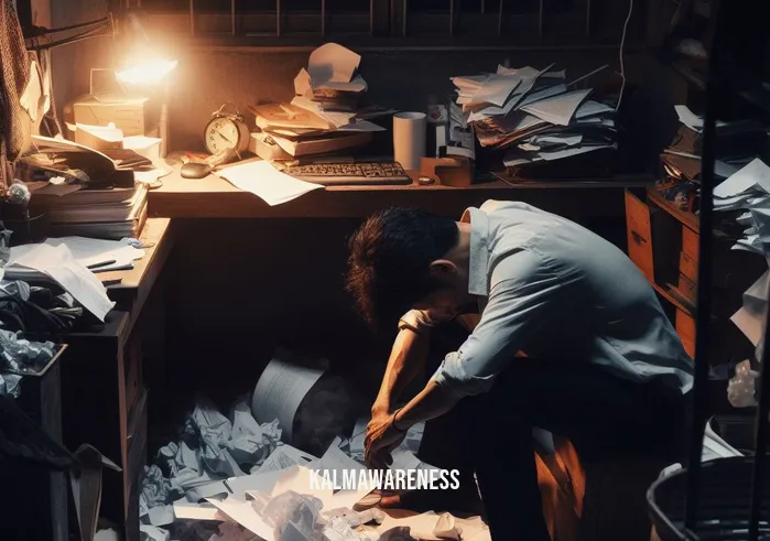 guided meditation for happiness _ Image: A cluttered, dimly lit room with scattered papers and a stressed person hunched over a desk.Image description: A person surrounded by chaos and stress, struggling to find happiness.
