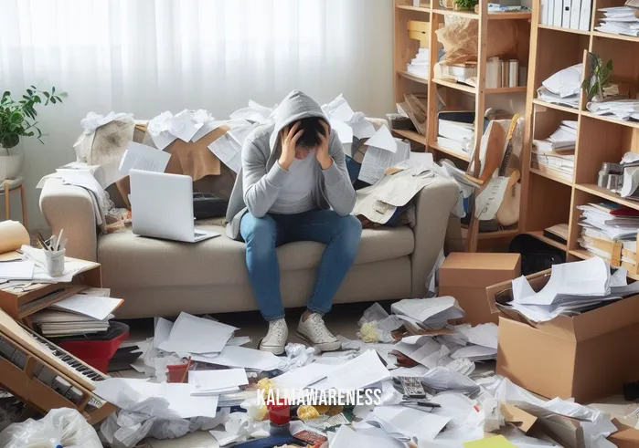 guided meditation for joy _ Image: A cluttered and chaotic living room with scattered papers, unfinished work, and a stressed-looking person sitting amidst the mess.Image description: A disorganized living space filled with clutter, disarray, and a person visibly overwhelmed by their surroundings.