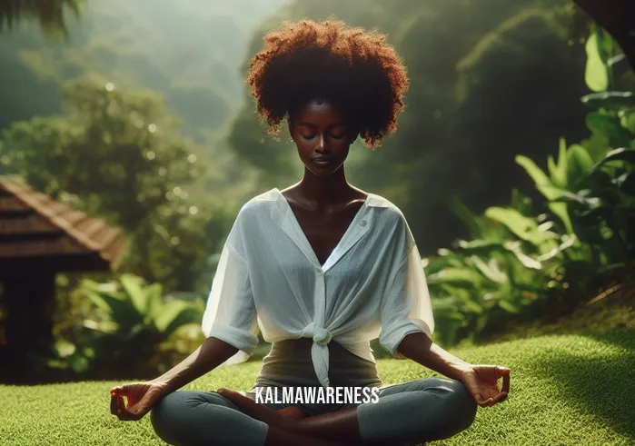 guided meditation for joy _ Image: A serene outdoor setting with a person sitting cross-legged on a lush green meadow, their eyes closed, and a peaceful expression on their face.Image description: A tranquil natural environment, featuring a person in a meditative pose, surrounded by the beauty of nature, exuding calmness and tranquility.