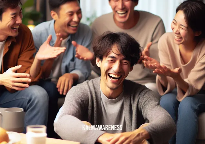 guided meditation for joy _ Image: A joyful person, now surrounded by a few friends, sharing laughter and good times in a cozy living room.Image description: A cheerful gathering in a tidy living room where friends share laughter and joy, a stark contrast to the initial chaotic scene.