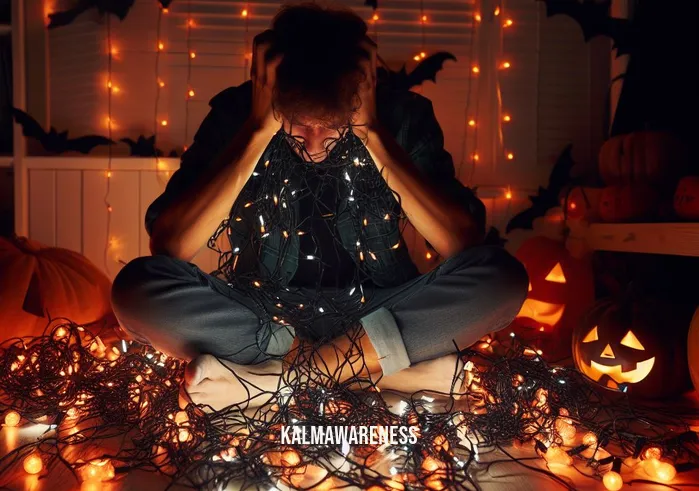 halloween mindfulness _ Image: A dimly lit room with Halloween decorations scattered haphazardly, a stressed person surrounded by tangled strings of orange and black lights, struggling to untangle them.Image description: In a dimly lit room adorned with spooky Halloween decorations, a person sits cross-legged on the floor. Their face reflects frustration as they attempt to unravel a chaotic mess of orange and black lights.