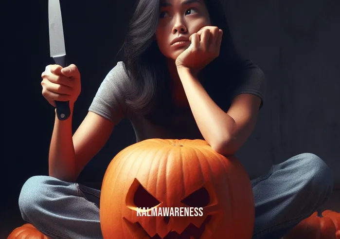 halloween mindfulness _ Image: The person sits in front of a pumpkin, knife in hand, feeling overwhelmed by the daunting task of carving it into a spooky Jack-o