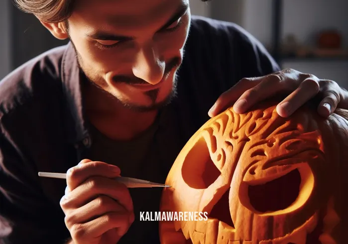 halloween mindfulness _ Image: With focused attention and a smile, the person skillfully carves intricate and expressive features on the pumpkin, turning it into a delightful work of art.Image description: The person, now filled with concentration and joy, carves intricate and expressive features onto the pumpkin, transforming it into a delightful and whimsical Jack-o
