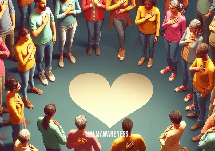 hands over our hearts _ Image: A group of diverse individuals standing in a circle, each with a hand over their heart, their eyes closed in a moment of reflection.Image description: People from various walks of life gather, forming a circle, as they place their hands over their hearts, sharing a collective moment of empathy.