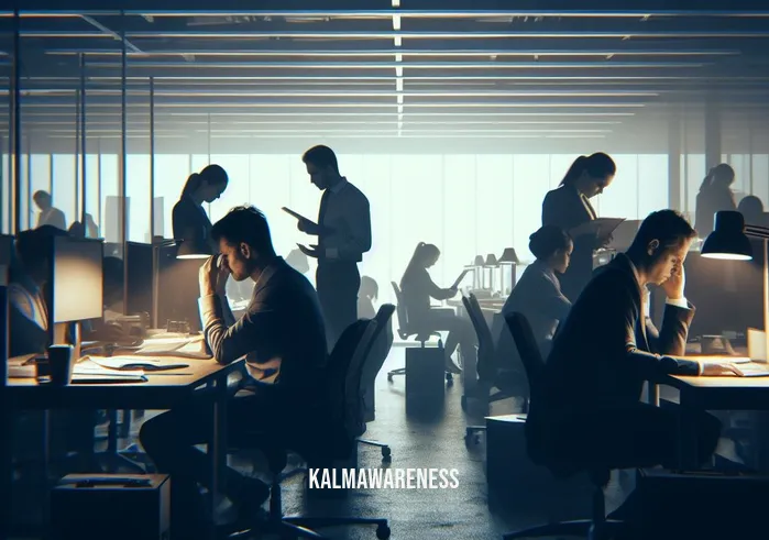 have a grateful day _ Image: A gloomy office with employees looking stressed and overwhelmed. Image description: The office is dimly lit, and people are hunched over their desks, buried in work.