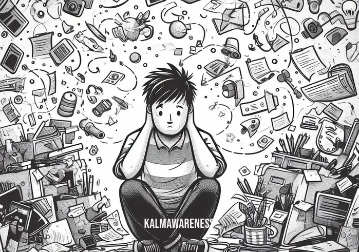 headspace animations _ Image: A cluttered and chaotic room with a person surrounded by floating thoughts and distractions.Image description: In a messy room filled with scattered papers, gadgets, and unfinished tasks, a person sits amidst a whirlwind of thoughts and distractions. Their face portrays anxiety and stress, reflecting the chaos around them.