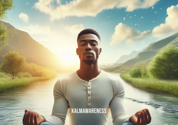 headspace animations _ Image: The person now meditates peacefully, surrounded by a serene natural environment with clear skies and a tranquil river.Image description: With eyes closed, the person meditates peacefully in a picturesque natural setting. Clear blue skies and a tranquil river provide a serene backdrop, as they