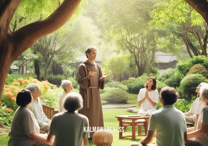 hospice chaplin _ Image: The hospice chaplain leads a small group of residents in a beautiful garden, where they engage in a meditative activity. The serene environment fosters a sense of calm and connection.Image description: Outside in a tranquil garden, the hospice chaplain leads a small group of residents, their faces reflecting a mix of emotions. In the midst of nature