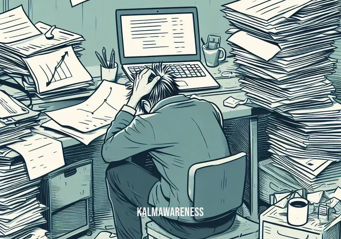 how to get out of your head and into your body _ Image: A cluttered desk with a laptop, piles of papers, and a stressed person hunched over it. Image description: A cluttered desk with a laptop, piles of papers, and a stressed person hunched over it.