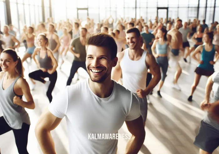 how to get out of your head and into your body _ Image: A gym filled with people participating in a lively dance class, smiling and moving freely. Image description: A gym filled with people participating in a lively dance class, smiling and moving freely.