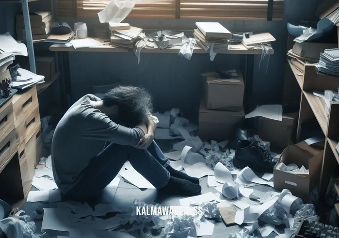 how to sit with your emotions _ Image: A cluttered room with a person sitting on the floor, surrounded by scattered papers and a disheveled appearance.Image description: In a chaotic environment, a person struggles to find comfort, overwhelmed by their emotions.