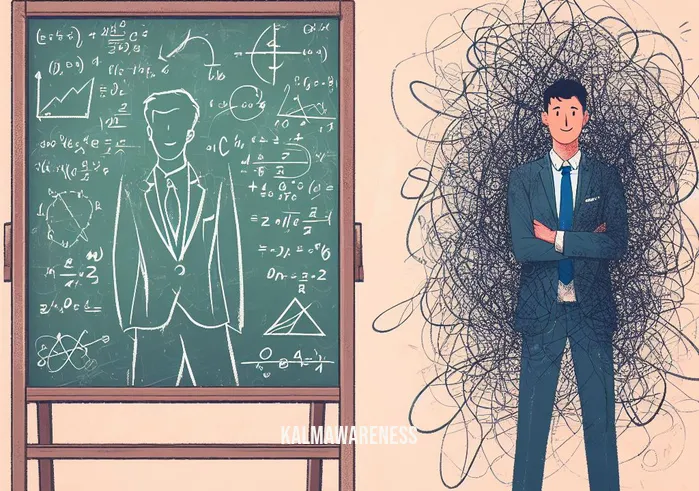how to watch your thoughts _ Image: A person stands beside a chalkboard filled with chaotic scribbles and equations, representing their previous tangled thoughts. Next to it, a clear, organized chalkboard with simple equations and a confident smile on the person