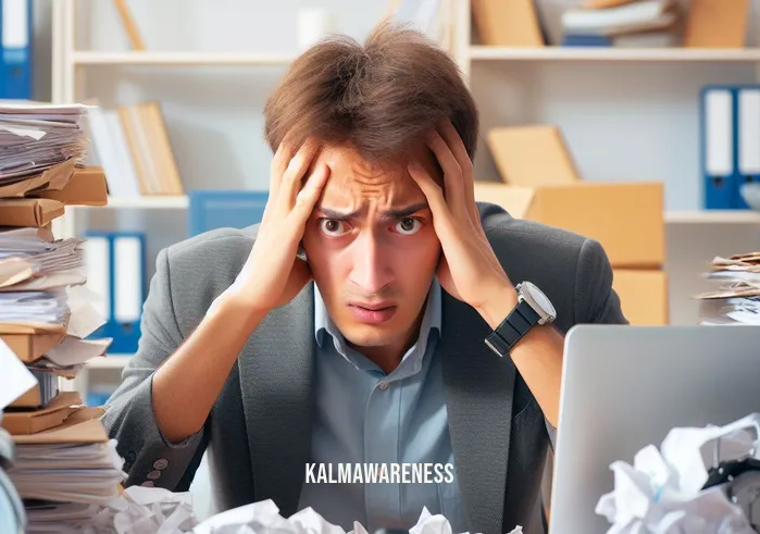 internal attention _ Image: A frustrated person in front of the cluttered desk, looking overwhelmed and stressed.Image description: A frustrated person in front of the cluttered desk, looking overwhelmed and stressed.