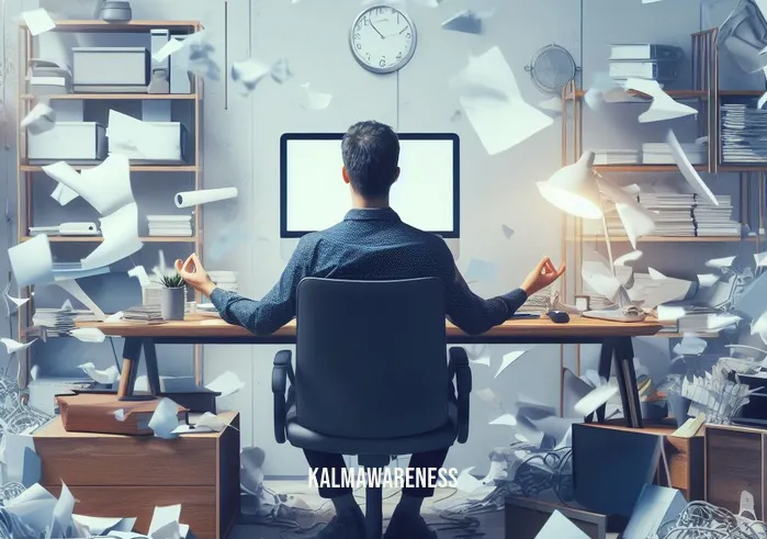 internal attention _ Image: The same person using mindfulness techniques, meditating at their desk amidst the chaos.Image description: The same person using mindfulness techniques, meditating at their desk amidst the chaos.