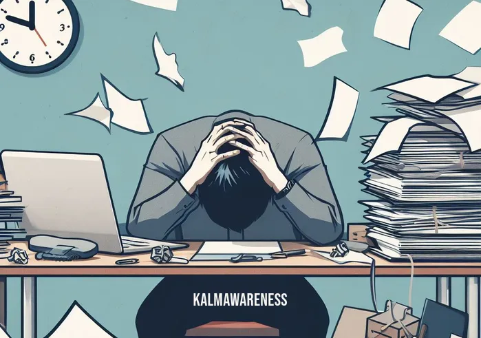 jon kabat zinn mindfulness for beginners download _ Image: A cluttered desk with scattered papers and a stressed person hunched over it.Image description: A person overwhelmed with clutter and stress, symbolizing the need for mindfulness.